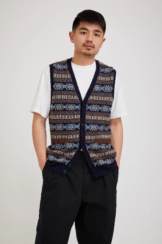 Button Knit Vest Indigo Fair Isle Brown