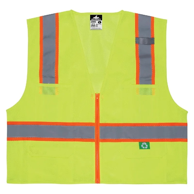 MCR Safety ANSI Class 2 Hi-Vis Recycled Materials Zipper-Front Surveyor Vest