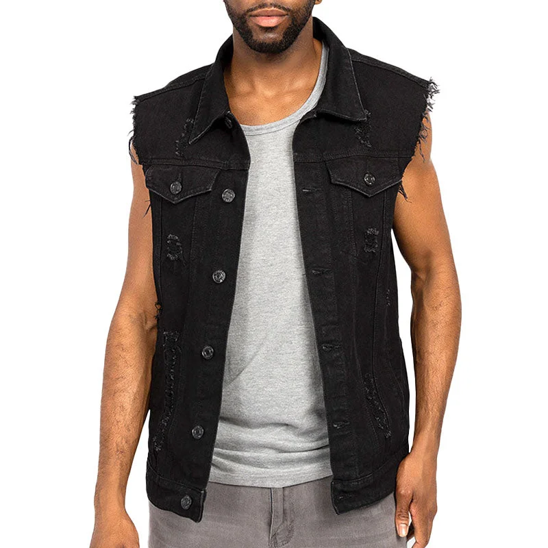 Men's Casual Distressed Ripped Denim Vest 85444127M