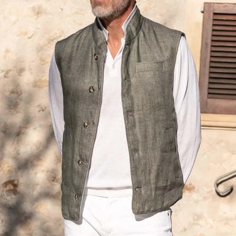 mens-casual-stand-collar-multi-pocket-linen-single-breasted-vest-71856913m