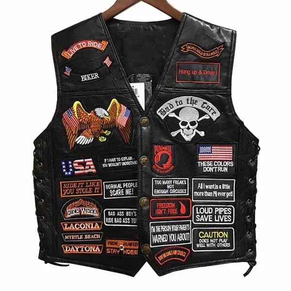 Men's Embroidered Badge Leather Cycling Vest 14570111M