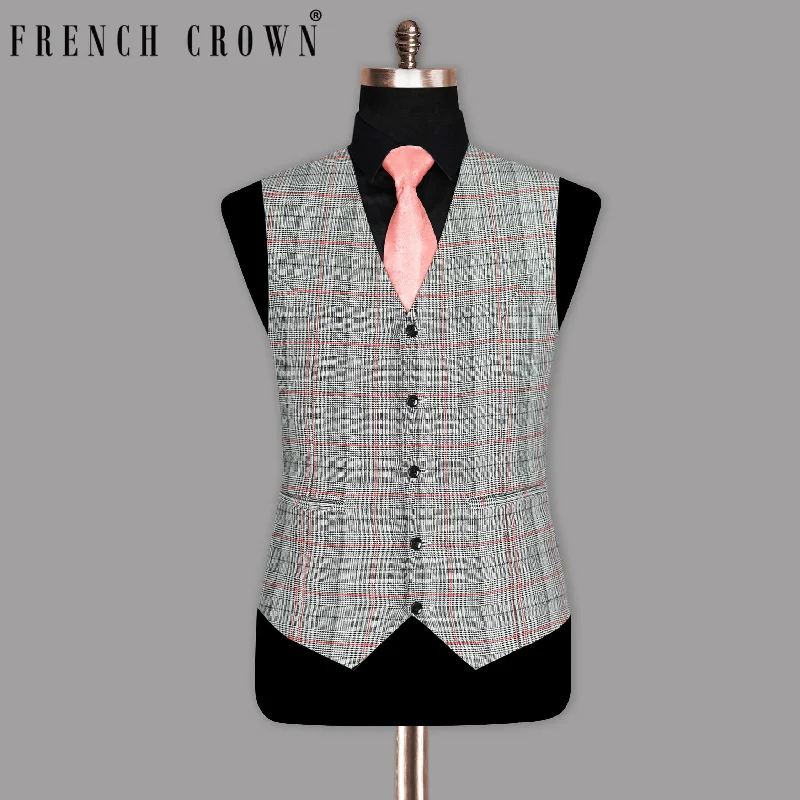 Black and white with Red Windowpane Houndstooth Wool Rich Waistcoat