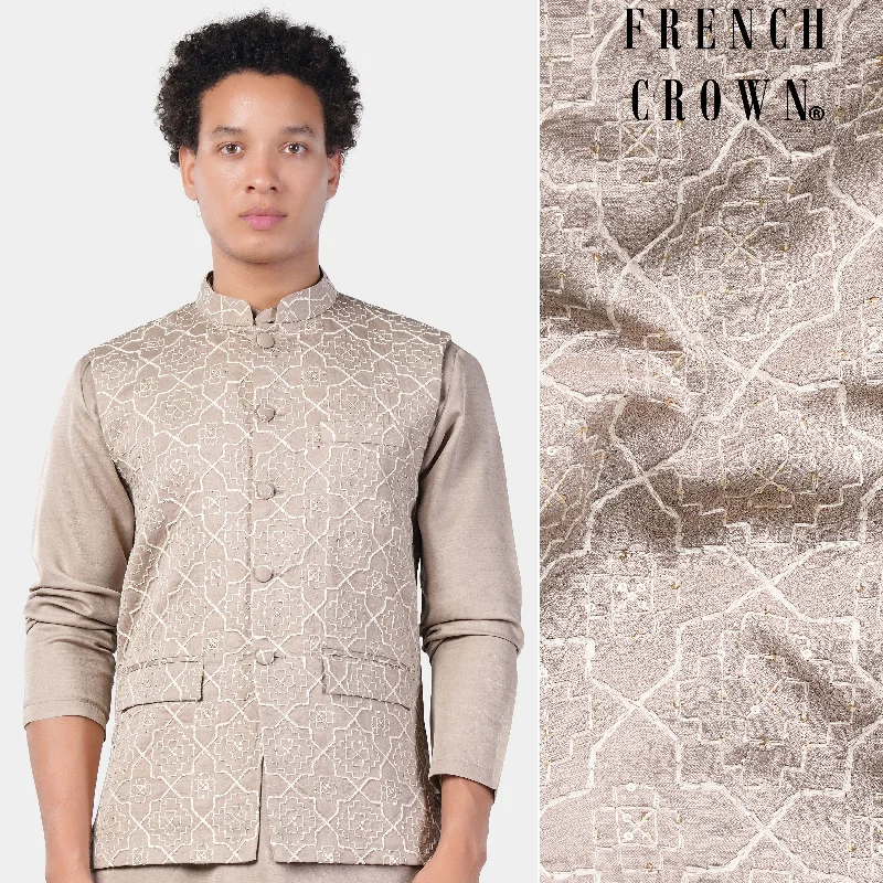 Chalice Brown Trellis Pattern Thread and Sequin Embroidered Designer Viscose Nehru Jacket