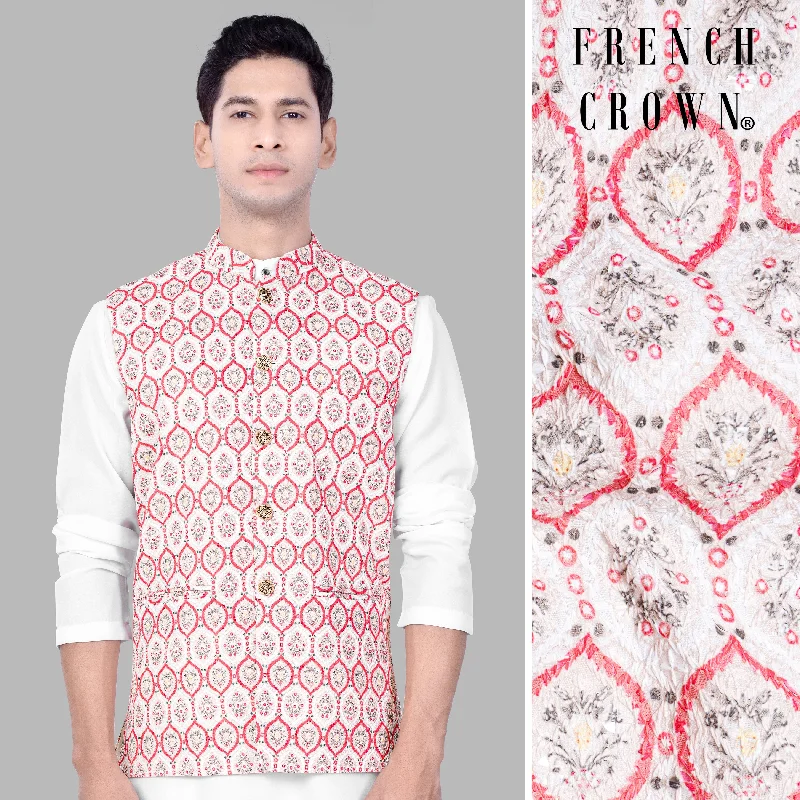 Flamingo Pink And Magnolia White Designer Embroidered Nehru Jacket