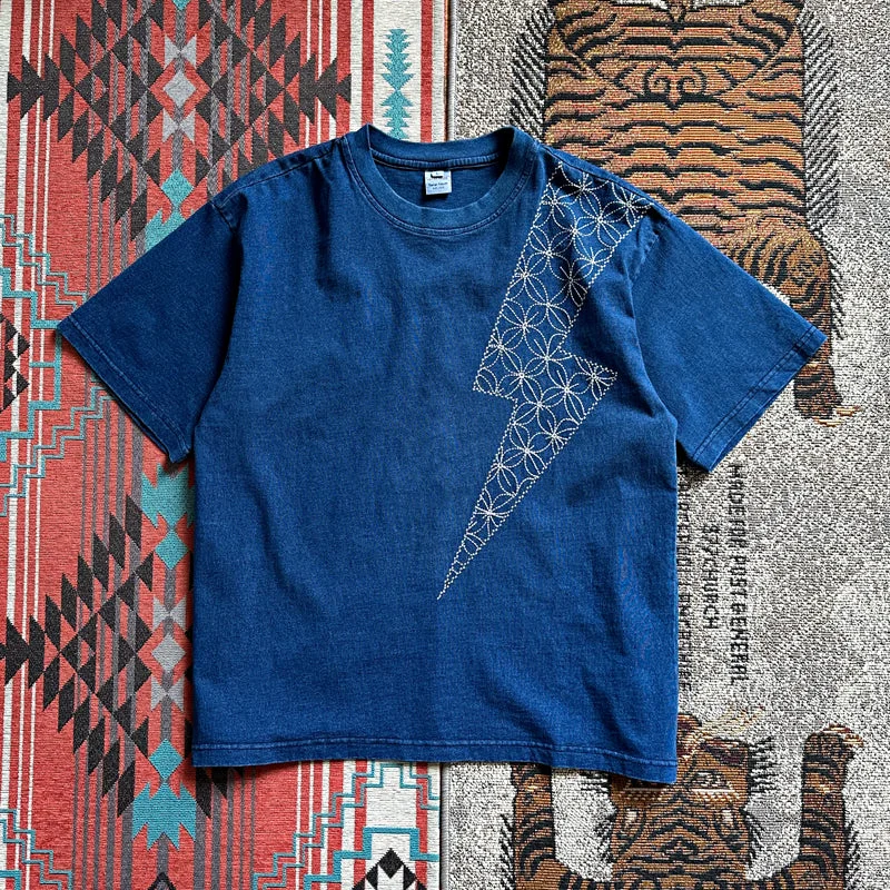 Indigo Dyed Stitches Decoration Lightning embroidery T-shirts