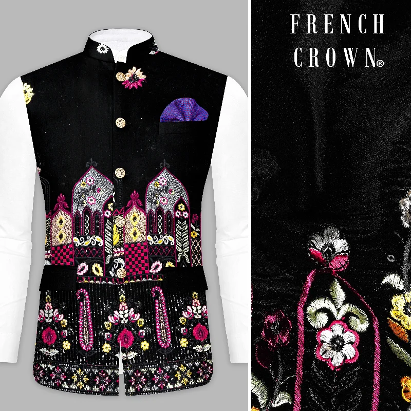 Jade Black and Crimson Pink Multicolour Floral Thread Embroidered Nehru Jacket