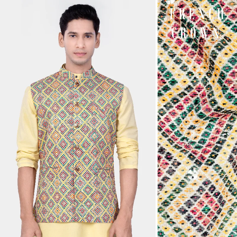 Jasmine yellow And Lochinvar Green Trellis Designer Embroidered Nehru Jacket