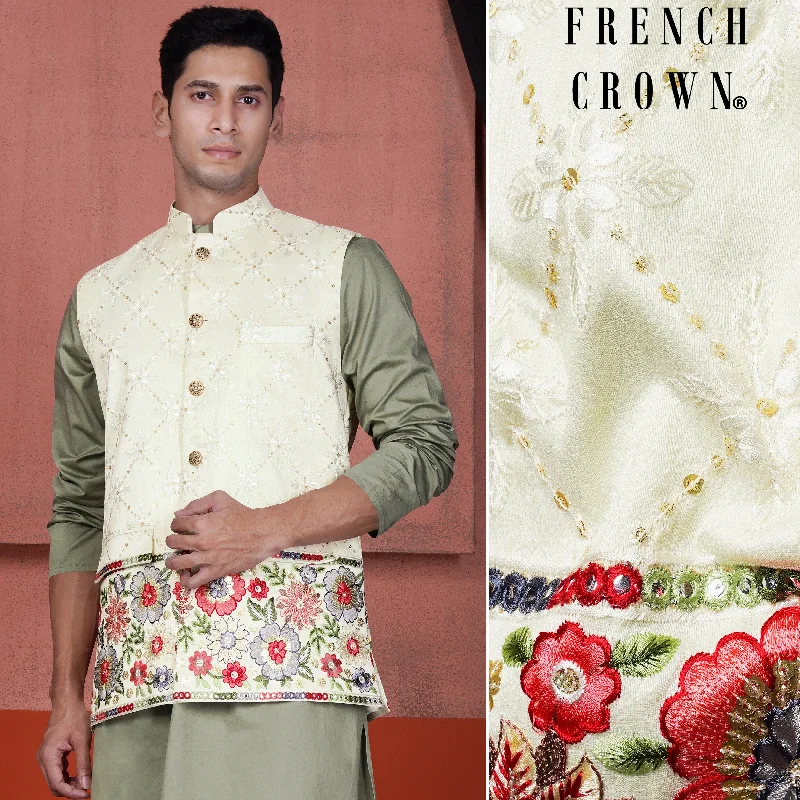 Merino Cream and Terra Pink Floral Cotton Thread Embroidered Designer Nehru Jacket