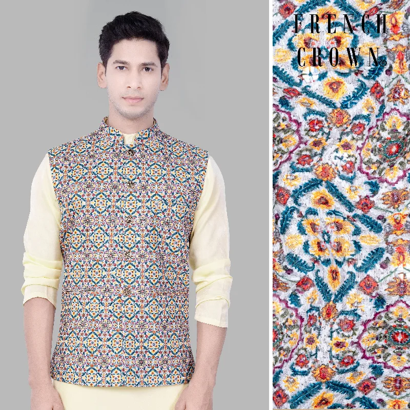 Orient Blue And Tainoi Yellow Designer Thread Embroidered Nehru Jacket