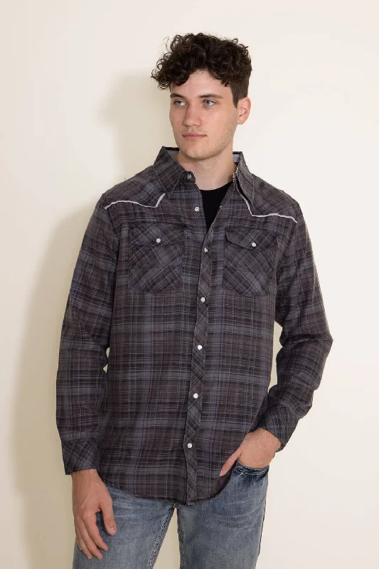 Western Woven Plaid Shirt for Men in Grey | RW36-DF19-DBLK