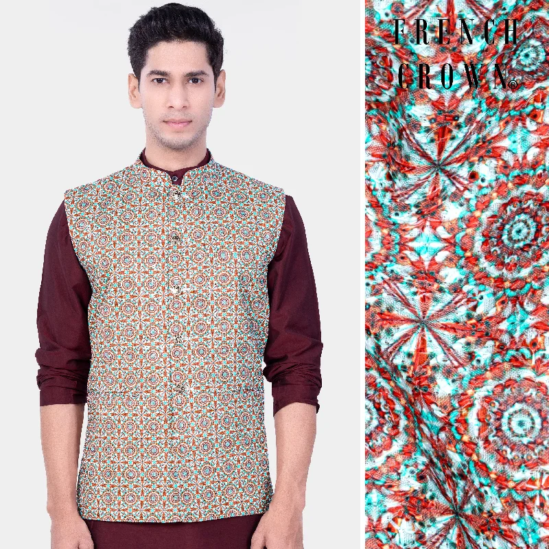 Sienna Red Tron Blue Designer Thread Embroidered Nehru Jacket