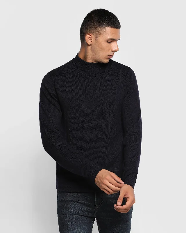 Stylized Collar Navy Solid Sweater - Domin