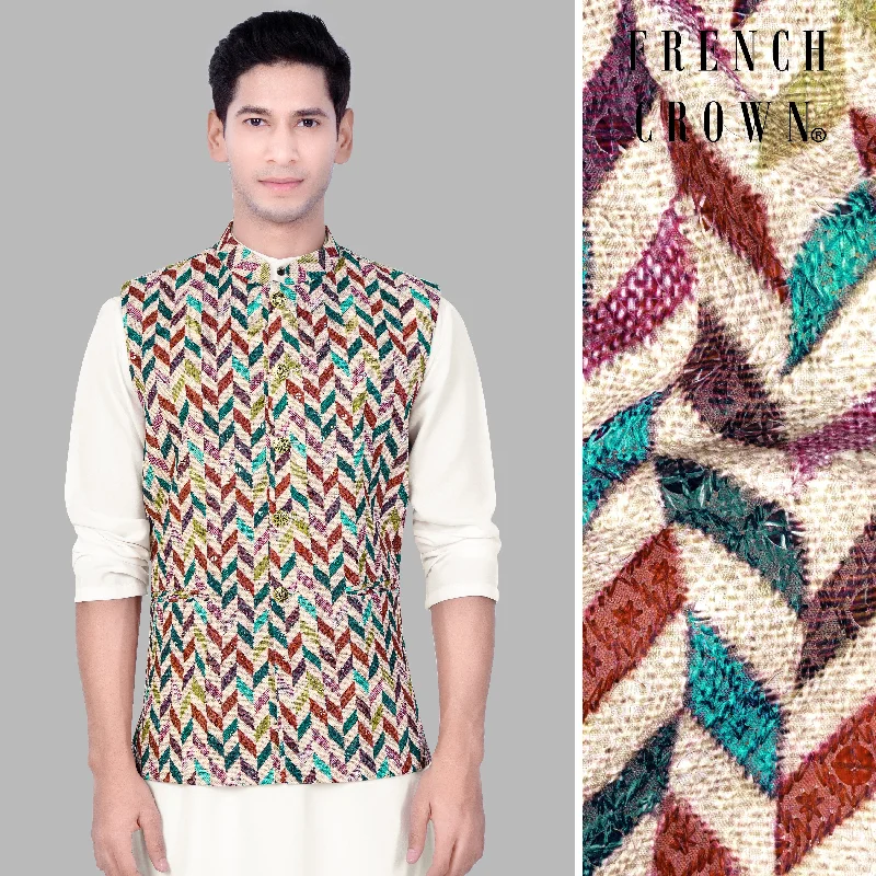 Spanish Cream And Raspberry Pink MultiColour Designer Thread Embroidered Nehru Jacket