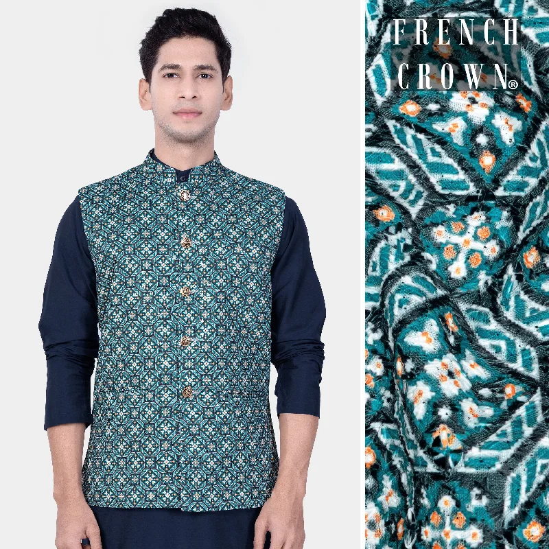 Surfie Blue And Tangerine Orange Designer Embroidered Nehru Jacket