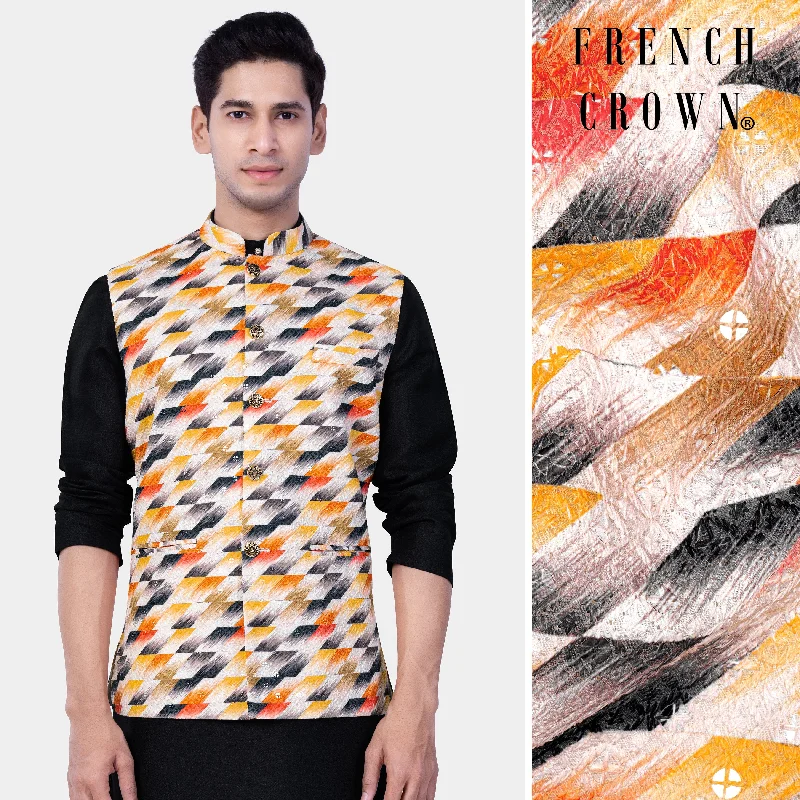 Tree Poppy Orange And Jade Black MultiColour Designer Thread Embroidered Nehru Jacket