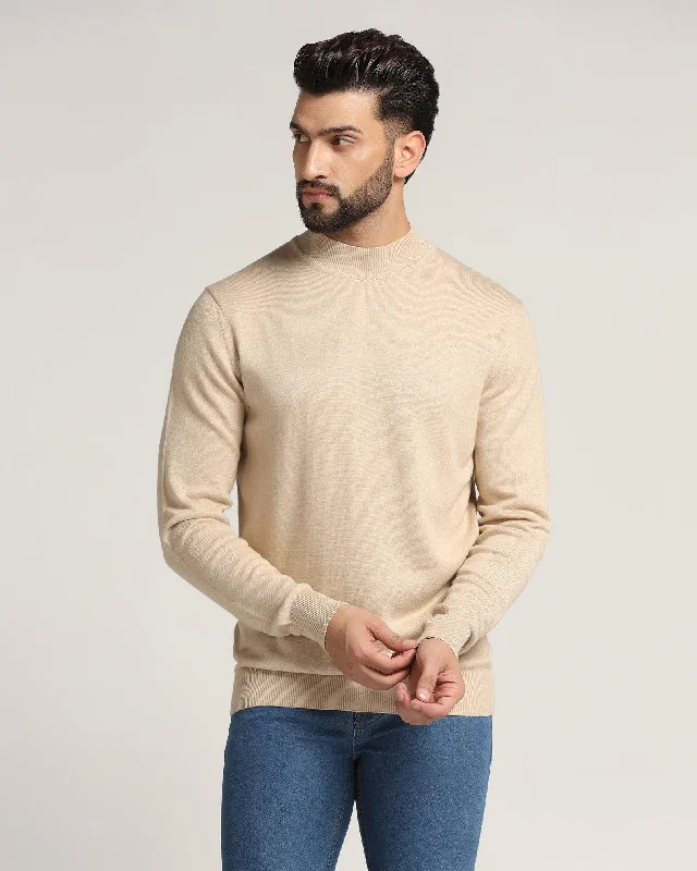 High Neck Beige Solid Sweater - Dexter