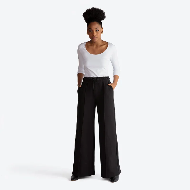 Calça Wide Leg Moletom Felpa Feminina - Preto