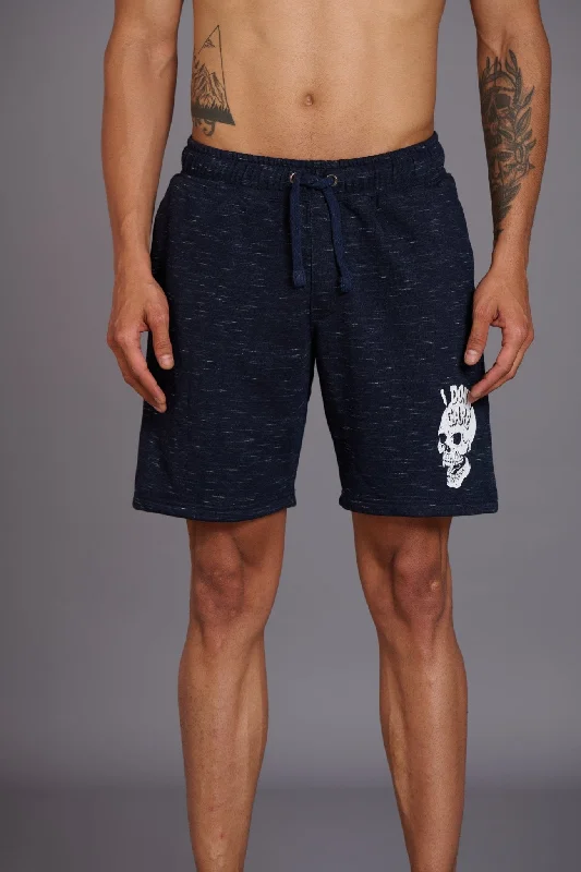 Skull & I Don’t Care Printed Navy Slub  Shorts for Men