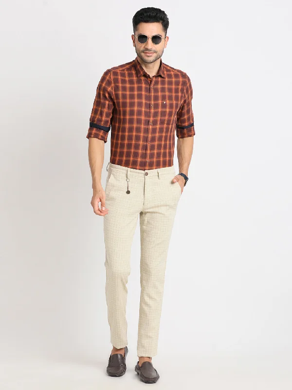 Cotton Stretch Beige Checkered Narrow Fit Flat Front Casual Trouser