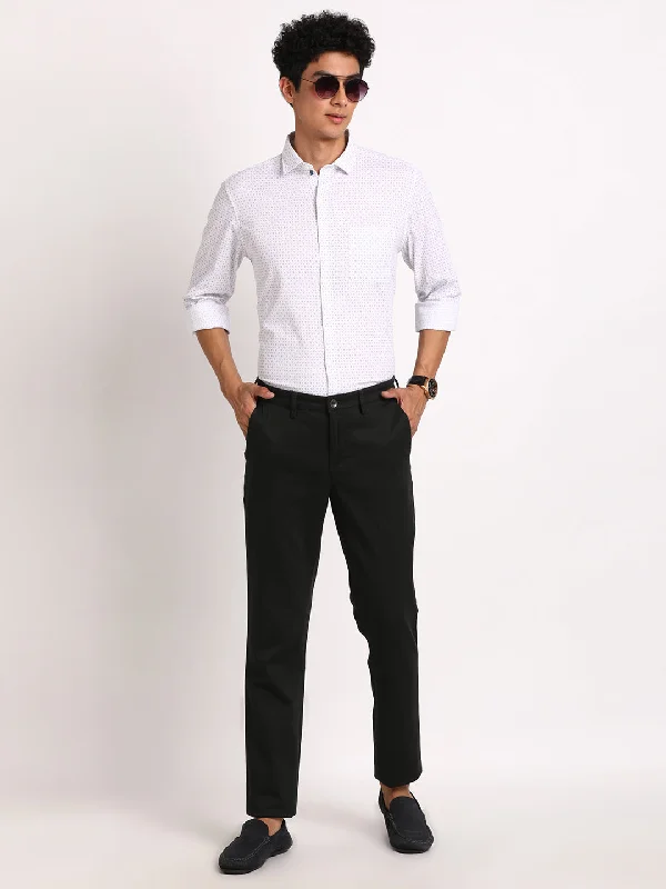 Cotton Stretch Black Dobby Ultra Slim Fit Flat Front Casual Trouser