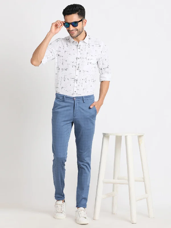 Cotton Stretch Blue Checkered Narrow Fit Flat Front Casual Trouser