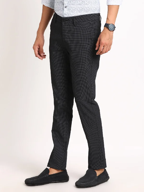 Cotton Stretch Charcoal Printed Narrow Fit Flat Front Casual Trouser