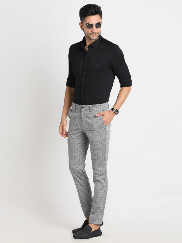 Cotton Stretch Grey Checkered Narrow Fit Flat Front Casual Trouser