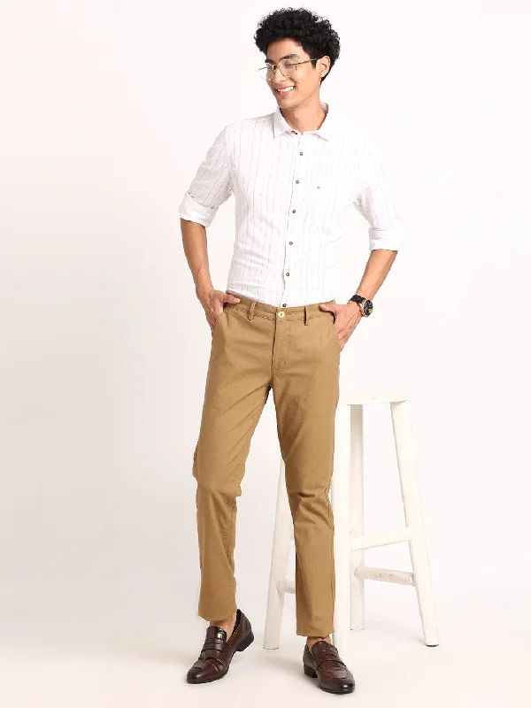 Cotton Stretch Khaki Plain Ultra Slim Fit Flat Front Casual Trouser