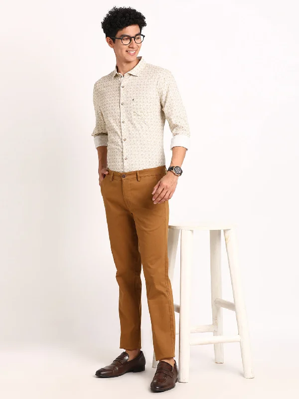 Cotton Stretch Khaki Printed Ultra Slim Fit Flat Front Casual Trouser