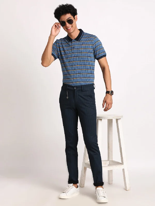 Cotton Stretch Navy Blue Striped Narrow Fit Flat Front Casual Trouser