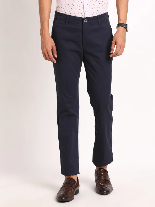 Cotton Stretch Navy Plain Ultra Slim Fit Flat Front Casual Trouser