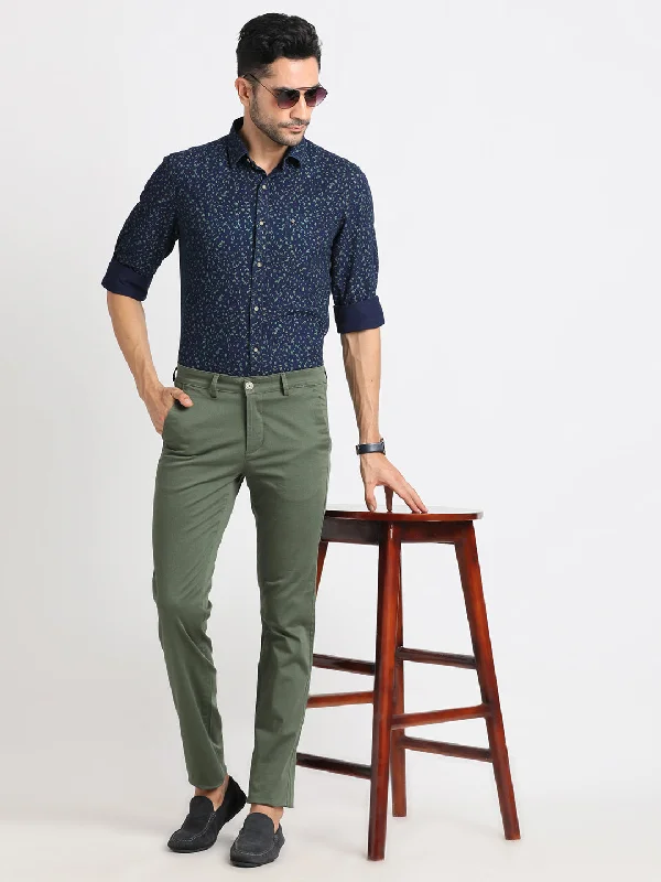 Cotton Stretch Olive Printed Narrow Fit Flat Front Casual Trouser