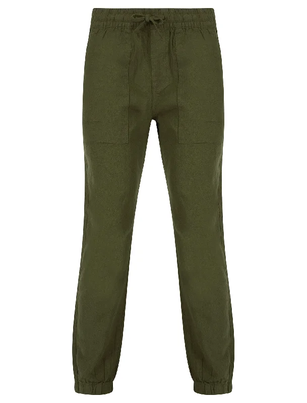 Fira Cotton Linen Comfort Fit Elasticated Waist Trousers in Olive Night - Tokyo Laundry