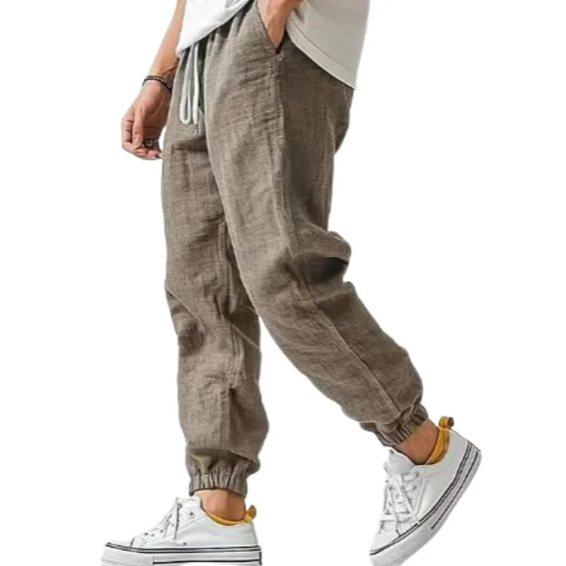 Men's Casual Cotton Linen Slim Fit Elastic Waist Pants 09443141M