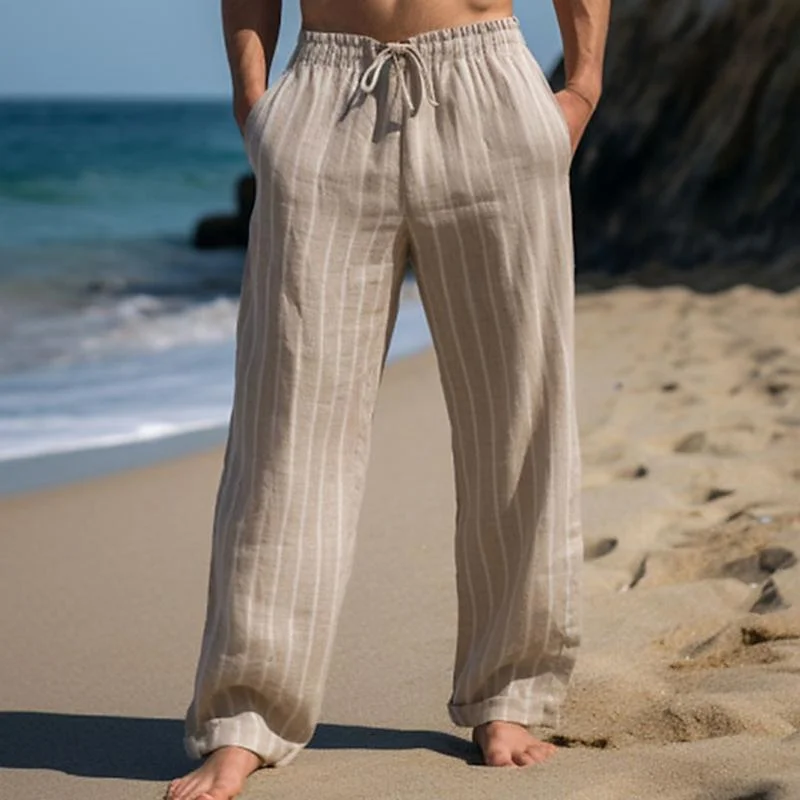 mens-casual-cotton-linen-striped-elastic-waist-loose-pants-53145284m