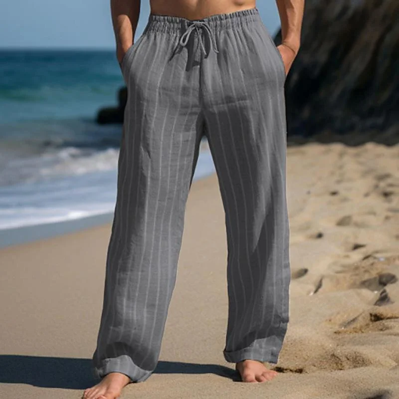 mens-casual-cotton-linen-striped-elastic-waist-loose-pants-53145284m