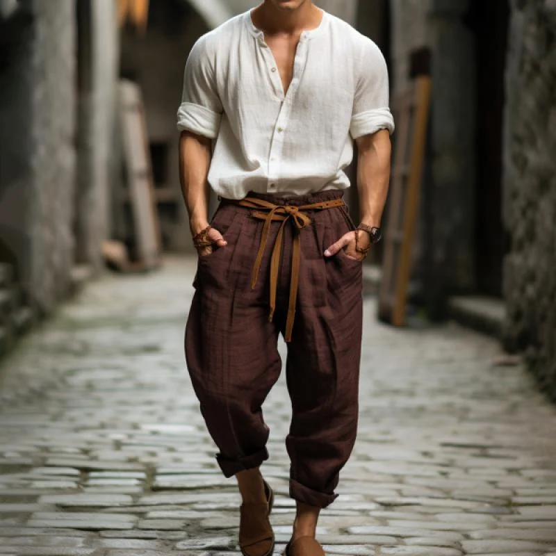 mens-casual-solid-color-cotton-linen-loose-breathable-elastic-waist-trousers-20761443m