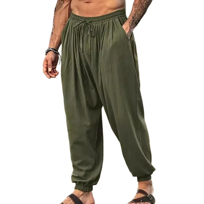 Men's Casual Solid Color Loose Cotton Linen Elastic Waist Harem Pants 79507009M