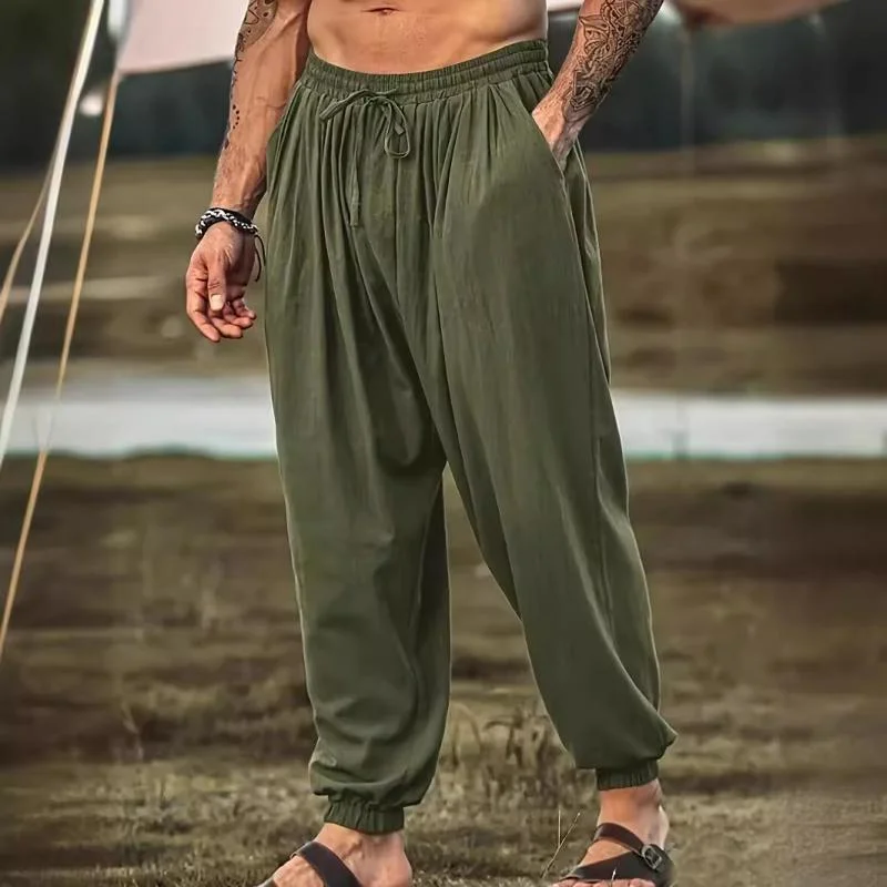 mens-casual-solid-color-loose-cotton-linen-elastic-waist-harem-pants-79507009m