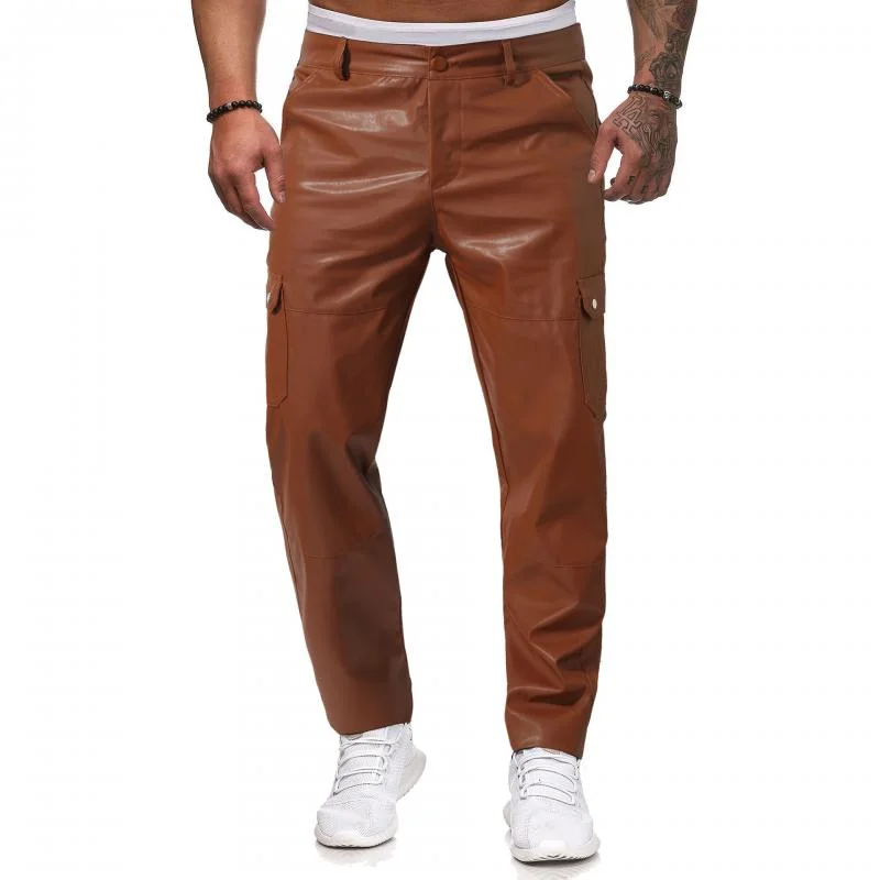 Men's Casual Solid Color Multi-pocket Slim Fit Leather Pants 34807975M