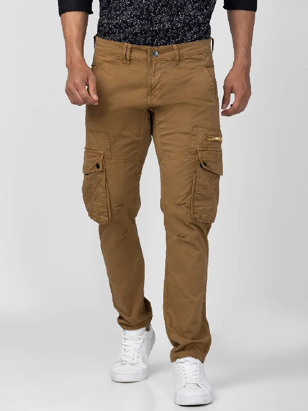 Spykar Men Khaki Cotton Slim Fit Regular Length Trouser Cargo Pants