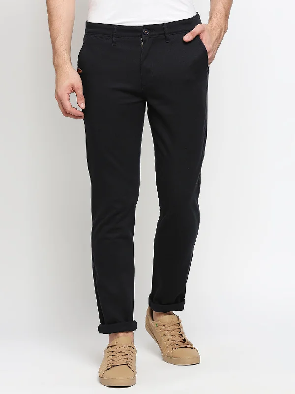 Spykar Men Navy Blue Solid Slim Mid-Rise Trouser