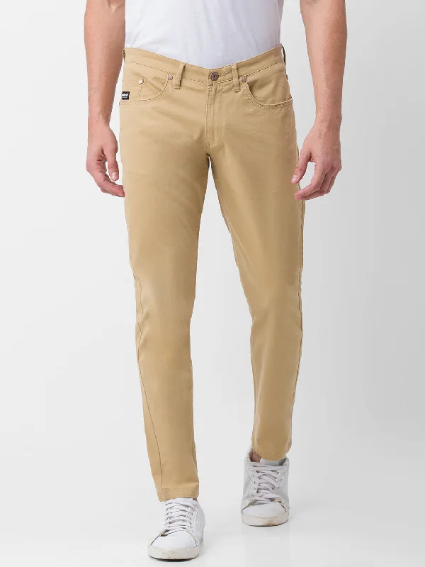 Spykar S and Khaki Cotton Slim Fit Tapered Length Trousers For Men