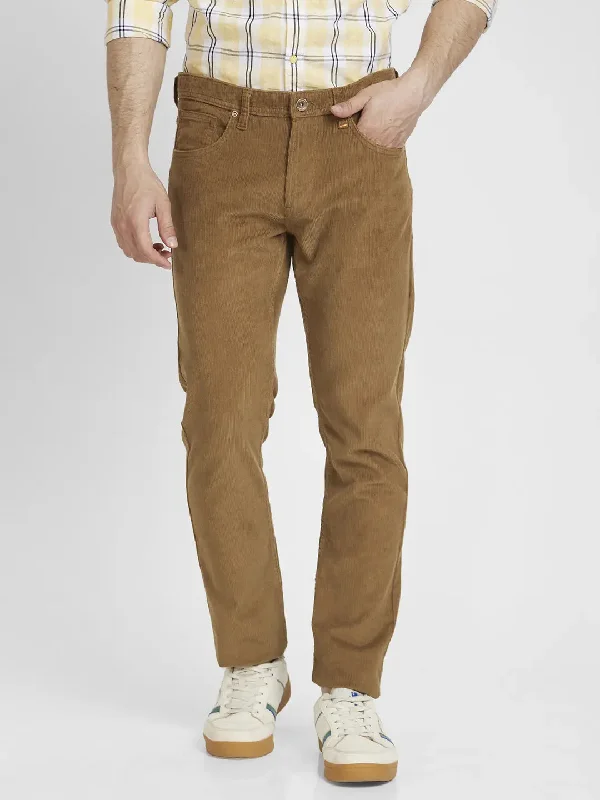 Spykar Men Khaki Cotton Slim Fit Mid Rise Trousers