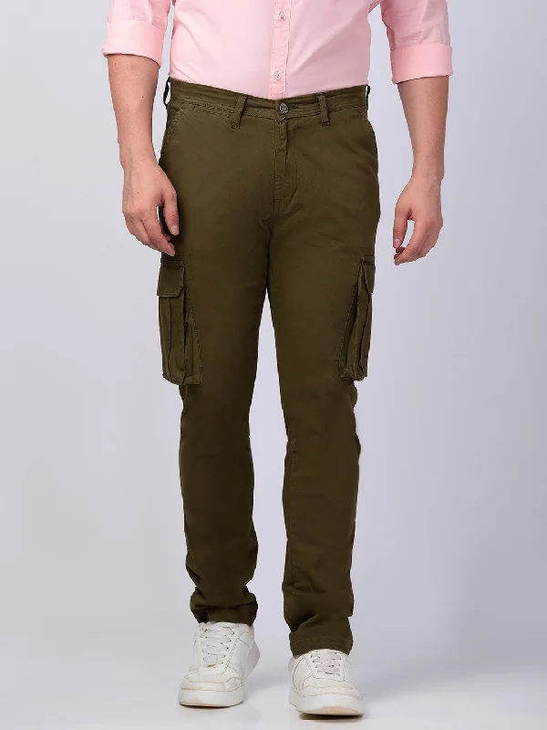 Spykar Men Military Green Cotton Slim Fit Ankle Length Trouser Cargo Pants