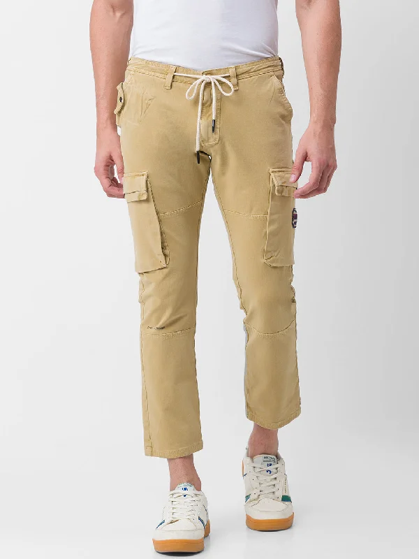 Spykar Khaki Cotton Slim Fit Regular Length Trouser For Men