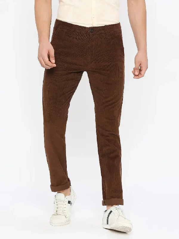 Spykar Men Brown Cotton Slim Fit Ankle Length Plain Trousers