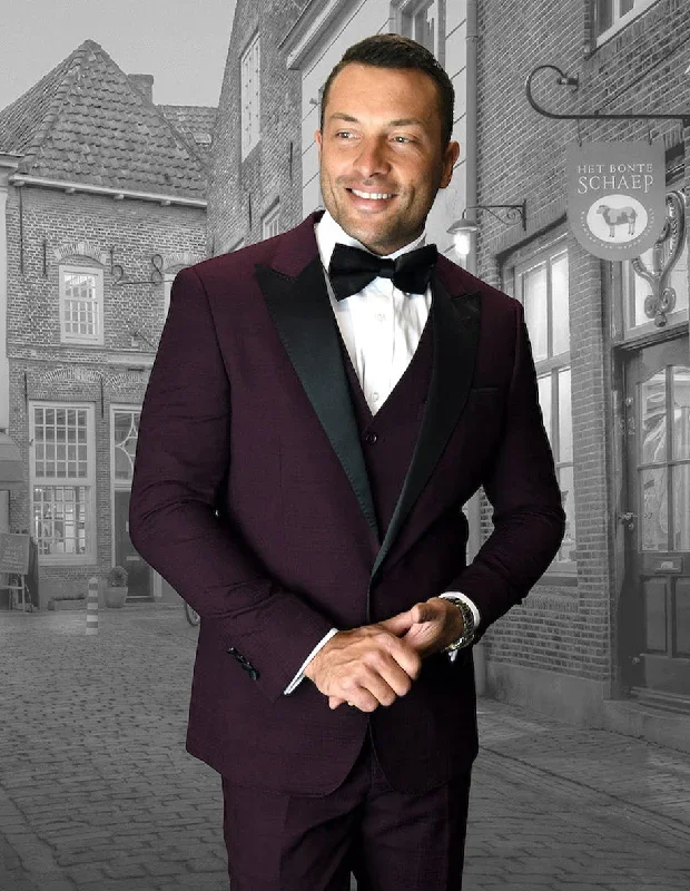 Mens Vested Wide Peak Lapel Prom Tuxedo in Burgundy