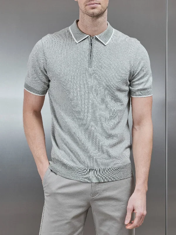 Capri Textured Knitted Zip Polo Shirt in Sage