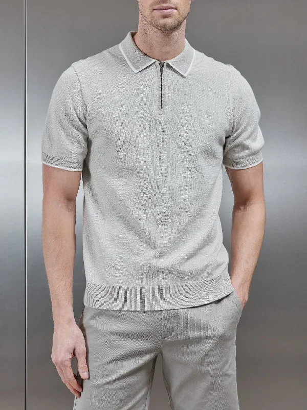 Capri Textured Knitted Zip Polo Shirt in Stone